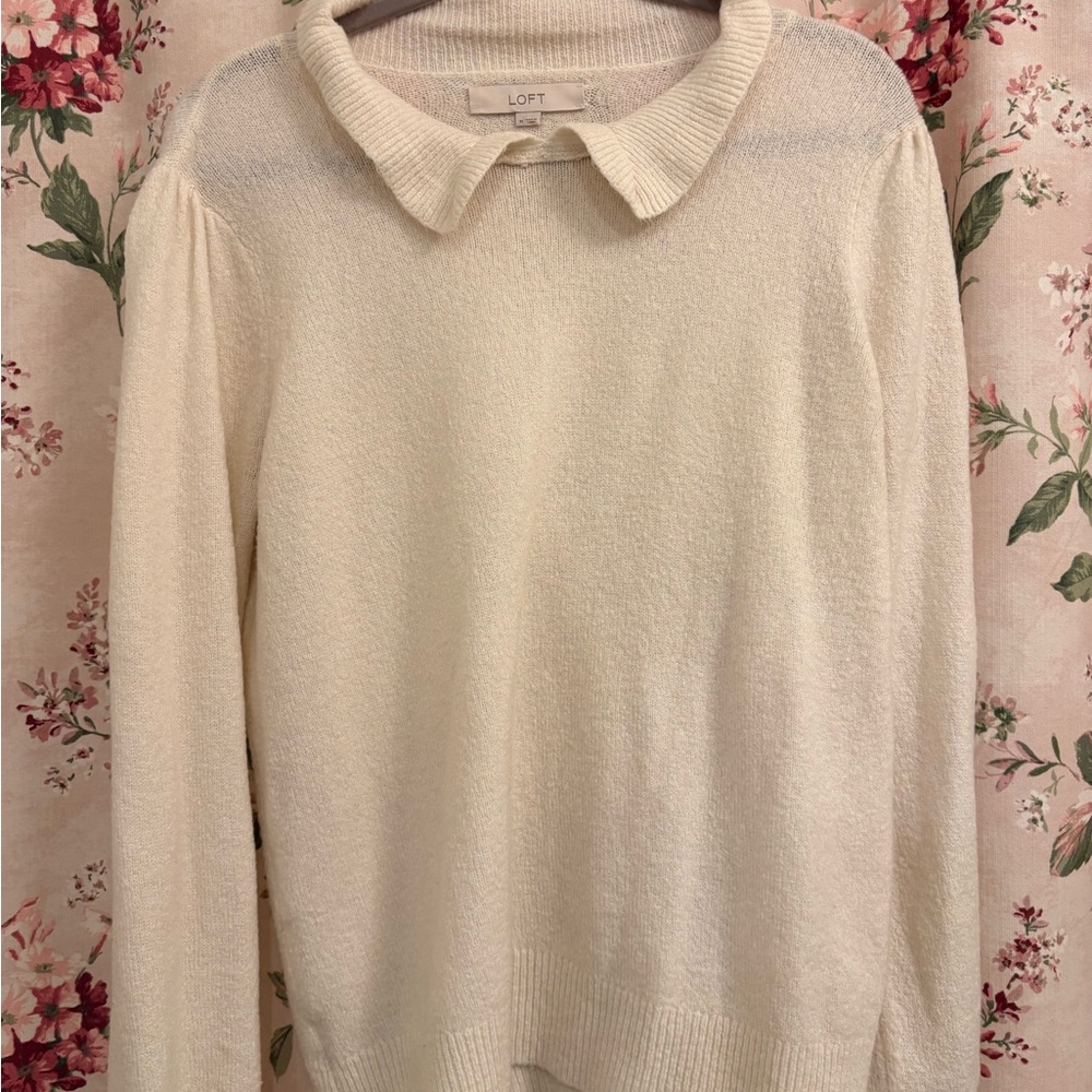 LOFT Ivory Knit Top with Classic Collar